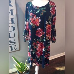 C Est 1946 Navy Floral Ruffle Sleeve Dress Size XL